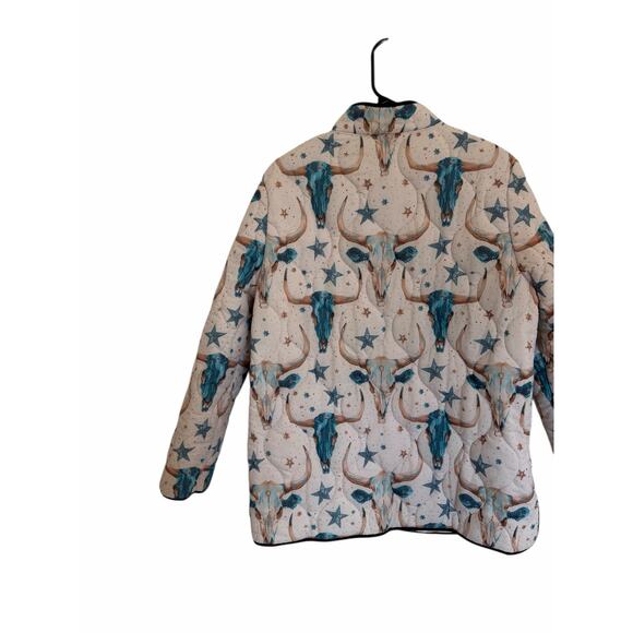 Women's Large Cream Blue Brown Longhorn Icon Quilted Clasp Long Sleeve Jacket - Picture 5 of 9